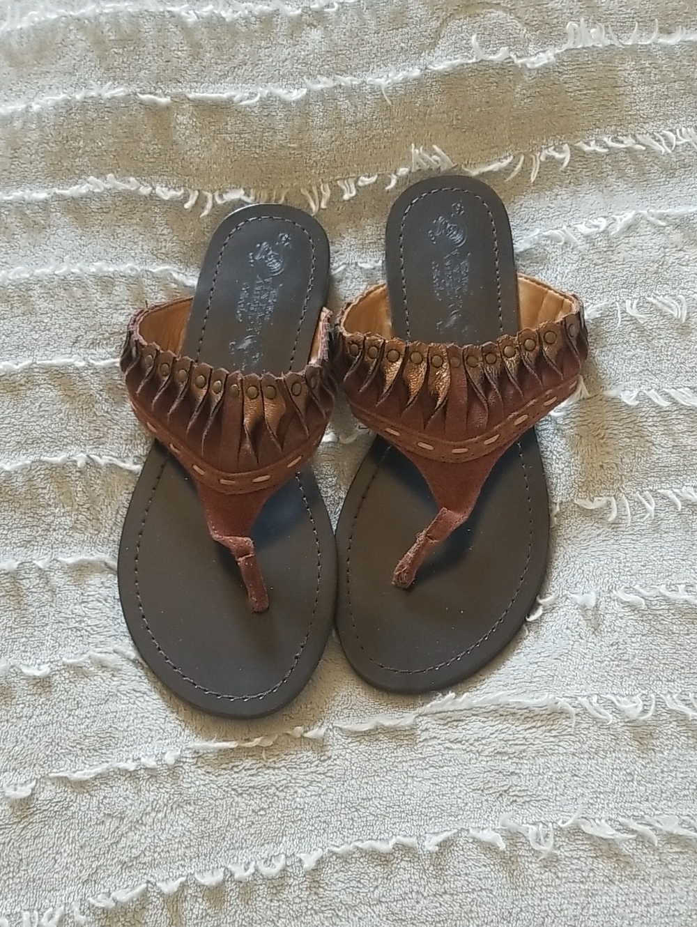 NINE WEST Womens Leather Brown Fringe Toe-Post Sandals